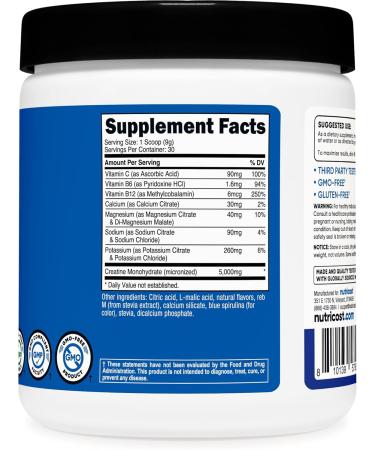 Nutricost Creatine Monohydrate + Hydration Blue Raspberry Flavored (30 Servings) - 7 Vitamins & Minerals 5000mg of Creatine Per Serving - Buy Online on GoSupps.com