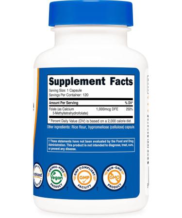 Nutricost Methyl Folate 1000mcg - 120 Vegetarian Capsules | Gluten-Free & Non-GMO - Buy Online on GoSupps.com