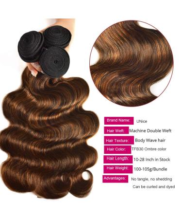 UNICE Brown Highlight Body Wave Human Hair Weave Bundle - Brazilian Remy Hair Ombre Blonde Wavy Weaves - TFB30, 16 18 20 Inch - Buy Online on GoSupps.com