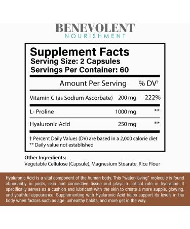 Premium Hyaluronic Acid 250mg with Vitamin C & L Proline - 120 Capsules | Anti-Aging & Healthy Skin Support - Buy Online on GoSupps.com