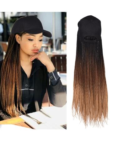 Yunkang Baseball Cap Wig Long Ombre Braids Hat Wig with Synthetic Small Box Braiding Hair Extensions Attached for Black Women Girls Black Brown Light Brown(B-53)
