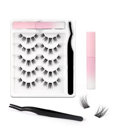 EMEDA Natural DIY Lashes With Glue and Tweezers 5 Pair DIY Eyelash Extension Kit 8-12mm DIY Lash Clusters 50pcs 3D Individual Eyelashes Fake Lashes with Glue and Applicator (DIY lashes 002)