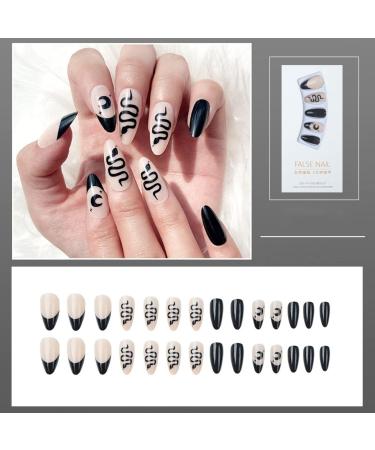 Justotry 24 Pieces Moon Almond Nails - Short Black French Artificial Press-On Nails | Snake Oval Acrylic Fingernails for Women - Buy Online on GoSupps.com
