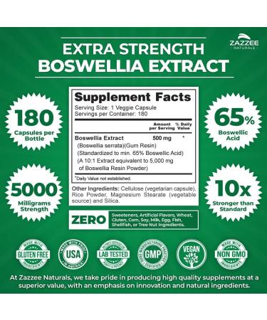 Zazzee Extra Strength Boswellia Serrata Extract 5000mg - 65% Boswellic Acid - 180 Vegan Capsules - 6 Month Supply | High Potency  Standardized  All-Natural  Non-GMO | 100% Vegetarian - Buy Online on GoSupps.com