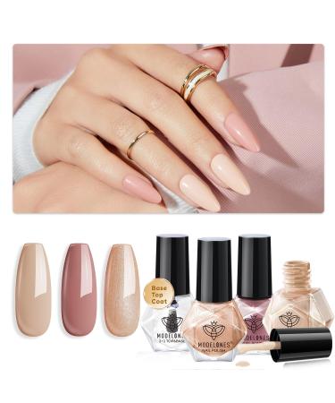 Modelones Nail Polish Set 3 Colors Nude Glitter Fall Quick Dry Nail Polish Base & Top Coat + Remover Pads Neutral Skin Tone Mini Starter Kit Manicure DIY Nail Art Salon Home Gift For Women Girl A1-Nude Set