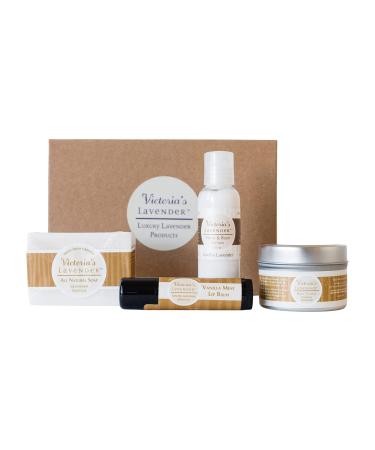 Victoria's Lavender Natural Body Products Gift Set - Handmade Soap Hand & Body Lotion Lip Balm Body Candle Skin Care Sets & Kits Lavender Bath and Body Products for Women Vanilla Lavender