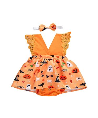 OFIMAN Baby Girl Romper Dress Infant Clothes Set Newborn Lace Floral Outfit Overall Bodysuit Backless Sunflower Summer Dresses 12 Months Orange