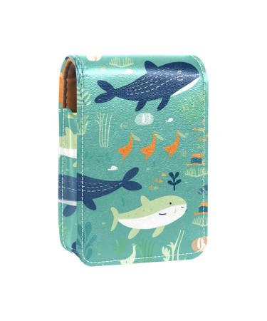 Lipstick Case Leather Lip Gloss Lipstick Organizer with Mirror Mini Lipstick Holder Bag Sea Wave Whales Cute H847q7ocxa
