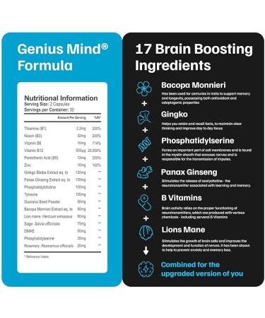 JustFloow Genius MindÂ® Nootropic Brain Supplement  Support Cognitive Function  Energy Levels  Focus & Memory Function - 17 Brain Boosting Ingredients Including Lions Mane  Bacopa  Ginkgo & Vitamin B12 - Buy Online on GoSupps.com