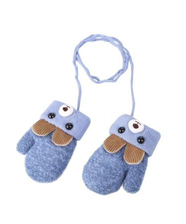 Infant Toddlers Lovely Mittens Winter Warm Cute Cartoon Gloves Dual Layers Plush Padded Knitted Gloves Mittens With Anti-Lost String for Baby Girls Boys 0-3 Years Old Light Blue