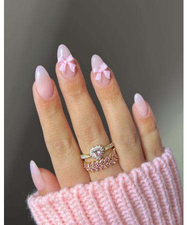 Almond Press on Nails with Bow Charm Designs Cute Pink Fake Nails Medium Almond Shaped Acrylic Nails Gloss False Nails Reusable Glue on Nails for Women Girls Style 1
