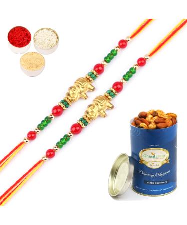 Ghasitaram Gifts Rakhis Online for Brother- -Set of 2-6043 Rakhi Thread with 100 GMS of Dryfruits Mix Can 2 Rakhi with 100 gms of Dryfruits Mix Can