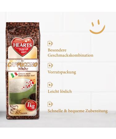 HEARTS Cappuccino White Line 5 Cans of Powdered Coffee 1 kg Intense Aroma Soluble Milky Creamy with Vanilla Flavor Pack of 5 Enough for 400 Cups - Buy Online on GoSupps.com