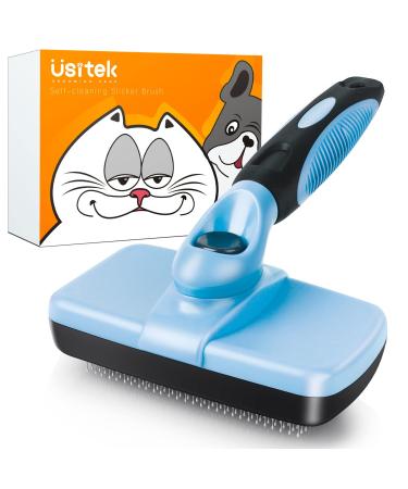 Usitek Dog/Cat Brush for Shedding and Grooming Self-cleaning Slicker Brush for Dogs/Cats Pet Hair Brush for Long/Short Haired Dogs and Cats (Blue)