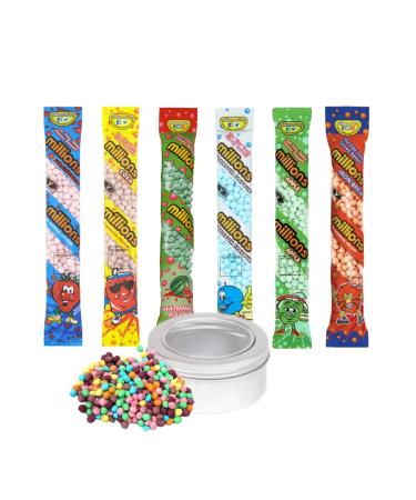 Millions Tubes x6 Sweet Bags - Bundle with TinTastic Silver On-the-Go Travel Lid Tin - Perfect for Parties and Snacking - Chewy and Colorful in Assorted Flavors