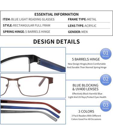 CRGATV 3-Pack Blue Light Blocking Metal Reading Glasses for Men - Anti UV/ Eye Strain - +2.25 Magnification - 3 Pack Mix Colors - Buy Online on GoSupps.com
