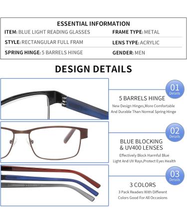 CRGATV 3-Pack Reading Glasses for Men | Blue Light Blocking | Metal Full Frame | Anti UV/Eye Strain | +2.0 Magnification | Mixed Colors - Buy Online on GoSupps.com