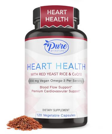 Pure By Nature Red Yeast Rice with CoQ10 Supplement for Men & Women 200mg Vegan Omega 3 Per Serving Gluten-Free Non-GMO 120 Capsules 120 Count (Pack of 1)