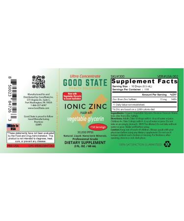 Good State Liquid Ionic Zinc Concentrate Made with Vegetable Glycerin | 15 mg per Serving | 118 Servings | Immune Support | Vegan Friendly - Buy Online on GoSupps.com