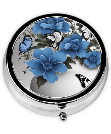 Shop Gray Teal Flower Butterfly Round Pill Box | 3 Compartment Portable Travel Medicine Organizer - Buy Online on GoSupps.com
