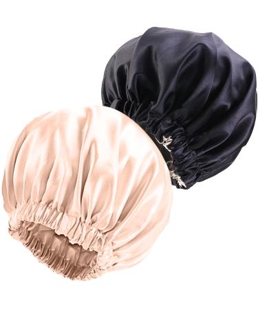 NIXISWAG 2PCS Silk Bonnet Sleep Cap for Curly Hair-Silk Hair Wrap for Sleeping-Bonnet for Women-Satin Bonnet and Hair Cap-Bonnets-Stylish Hair Bonnet with Elastic Band 1-Black & 1-Peach Pink