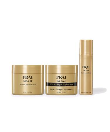 PRAI Beauty 24K Gold Glow-Getter Set - Wrinkle Repair Cr me 1 Oz Wrinkle Repair Night Cr me 1 Oz and Wrinkle Repair Serum 0.5 Oz