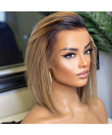 BEEOS 13x4 SKINLIKE Real HD Lace Front Wigs, Ash Blonde Straight Bob Human Hair Wig With Dark Root Pre Plucked Bleached Knots Ombre Short Invisivle Lace Wig 150% Density Middle Part 12 Inch 13x4 Ombre Ash Blonde HD Lace Fr…