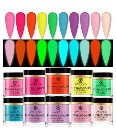 Saviland Dip Powder Nail Set - 10 Colors Glows in the Dark Dip Powder for Nails Yellow Orange Nail Dipping Powder Set for French Manicure Nail Art Dip Powders, No Nail Lamp Needed D-Glows in The Dark Dip Powder