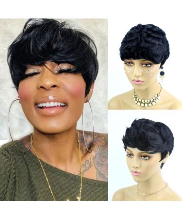 Short Curly Wigs for Black Women Black Wig with Bangs Pixie Cut Wig Short Synthetic Pixie Wigs for Black Women (Bowl Wavy-1B#)