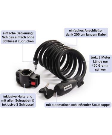 Kohlburg 200 cm Cable Lock - Keyless Bicycle & Stroller Lock with Bracket - Secure Spiral Lock with 3 Keys for International Shipping - Buy Online on GoSupps.com
