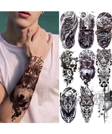 9 Sheets Half Arm Temporary Tattoos Stickers Lion Tiger Sleeve Fake Tattoos for Men or Women Long Lasting Scary Skull Wolf Fake Tattoo Stickers