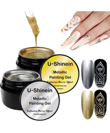 2x8ml Metallic Painting Gel Silver and Golden Painted Gel Nail Polish 3D Metal Painting Gel Drawing Mirror Nail Gel Polish Glossy French Acrylic Nail Painting Soak Off UV/LED DIY Nail Art