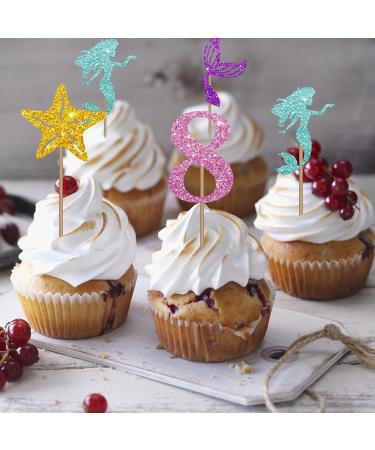 Mermaid Eight Cupcake Toppers Under The Sea Themed Eight Year Old Cupcake Toppers Mermaid Happy 8th Birthday Dessert Picks Little Mermaid 8th Anniversary Party Decoration - Pink Glitter - Buy Online on GoSupps.com