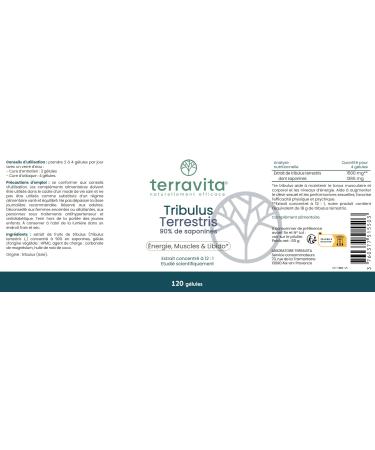 TRIBULUS Terrestris | Hautement Concentr : Extrait 12:1 | Titr 90% en Saponine | 120 G lules | 1500 mg par Dose | Performances Endurance Musculation et Libido | Made in France | Terravita - Buy Online on GoSupps.com