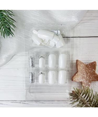 Square Press on Nails White Silver Glitter Design with Rhinestones - 24Pcs Medium Length Full Cover Stick on Artificial Nails for Women Girls - Buy Online on GoSupps.com