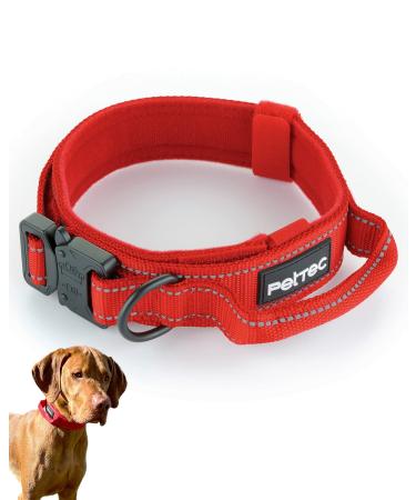 Pettec dog collar made of neoprene & nylon collar with handle for small & large dogs softly padded (S-XL) extremely robust & water-repellent adjustable adjustable collar & drag line red collar m (43-52 cm) red