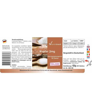 High-Dose Vegan Copper Tablets 2mg - 180 Count 6-Month Supply | Vitamintrend - Premium Copper Supplement - Buy Online on GoSupps.com