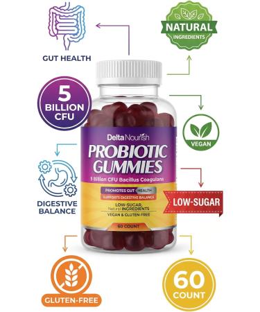 Delta Nourish Probiotic Gummies for Men & Women Gluten Free Health Supplements for Digestive & Immune Support - Vegan Sugar Free Gummies with Mixed Berry Flavor 5 Billion CFU 60 Gummies Pack of 3 - Buy Online on GoSupps.com