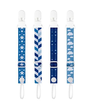 PREMYO 4 Pack Baby Pacifier Chain Boys - Pacifier Strap with Clip Adjustable Length - Universal Without Name Blue
