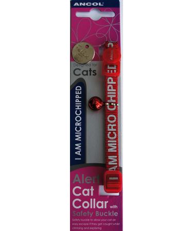 Paradise Pets CAT COLLAR AND ID TAG ENGRAVED BOTH SIDES BY HAND - INCLUDES BELL (RED COLLAR - I AM MICROCHIPPED + 20MM TAG)