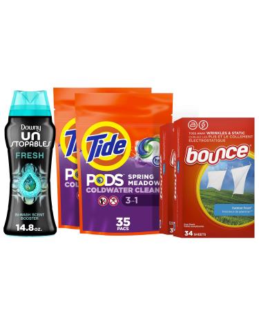 Tide Pods Laundry Detergent Soap Pods Spring Meadow 70 count Downy Unstopable Scent Beads Fresh 14.8 oz and Bounce Laundry Dryer Sheets Outdoor Fresh 68 count