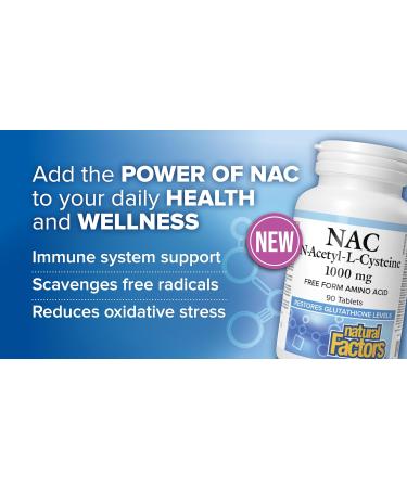Natural Factors NAC N-Acetyl-L-Cysteine 1000 mg 90 tablets Highest Potency Free Form Amino Acid Helps Restore Glutathione Levels Antioxidant Support Respiratory System Support - Buy Online on GoSupps.com