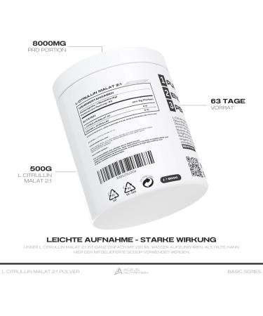 L-Citrulline Malate 2:1 - 500g High Dose | Boost Nitric Oxide & ATP Production | Aceus Nutrition - Made in Germany - Buy Online on GoSupps.com