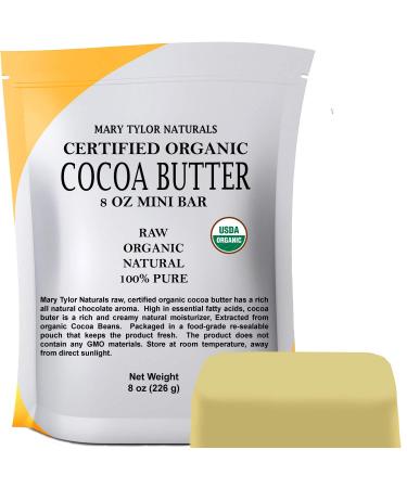 Mary Tylor Naturals Organic Cocoa Butter 8 oz   USDA Certified Raw Unrefined  Non-Deodorized  Rich In Antioxidants   for DIY Recipes  Lip Balms  Lotions  Creams  Stretch Marks