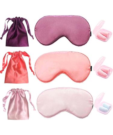 HappyDaily Pack of 3 Elegant and Comfortable Silk Sleep Masks with Boxed Soft Foam Ear Plugs and Beautiful Travel Pouches (Pink/Watermelon Red/Purple)