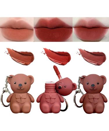 3PCS Keychain Bear Lipsticks 2 in 1 Bear Keychain Velvet Matte Lipstick Lip Mud Set 2 in 1 Key Chain Bear Lipstick Mist Matte Velvet Lipgloss Moisturizing Lip Cute Bear Beauty Makeup Long Lasting Hydration 010203