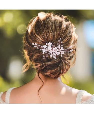 Accer Pearl Bridal Hair Comb Rose Gold Crystal Wedding Hair Combs Flower Bride Hair Accessories for Women and Girls