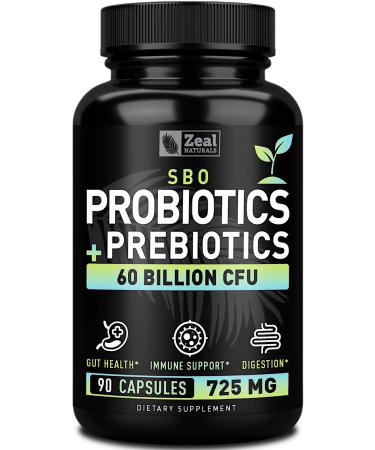 Probiotics and Prebiotics + SBO Probiotics (60 Billion CFU | 90 Capsules) Acidophilus Probiotic w. Saccharomyces Boulardii Bifidobacterium + Spore Probiotic & Organic Sprouted Prebiotic Fiber Blend