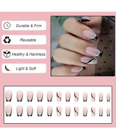 24Pcs Pink Ballerina French Press On Nails Medium Coffin False Nails - Removable Glue-on Fake Nails for Women - Black Acrylic Full Cover Nail Art Accessories - Buy Online on GoSupps.com