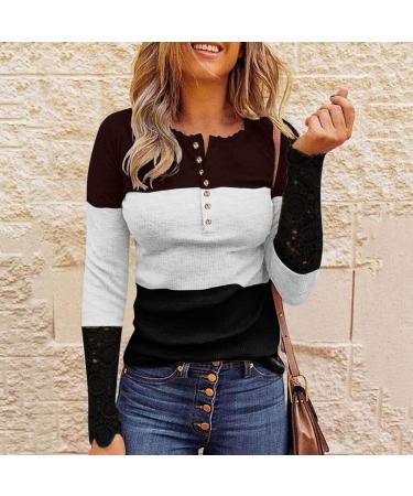 Women's Ribbed Knit Henley Long Sleeve Tunic Lace Top - X-Large Black | Trendy Slim Fit Button Shirt - Buy Online on GoSupps.com